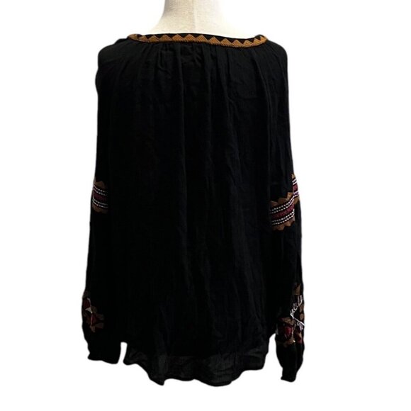 Forever 21 LARGE Black Embroidered Boho Peasant Blouse Womens Long Sleeve Top - Picture 4 of 7